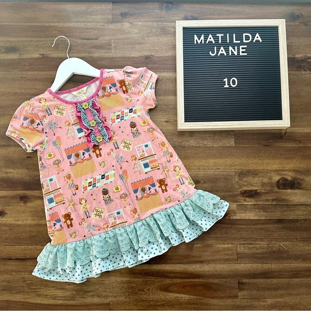 Matilda Jane Make Believe Puppet Show Top Pink Blue Short Sleeve Knit Lace 10